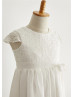 Cap Sleeves Ivory Lace Chiffon Knee Length Flower Girl Dress 